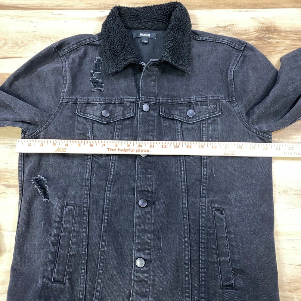 Jackson‎ Denim Jacket Women M Distressed Borg Collar Cotton Blend Trucker Black - Picture 6 of 11